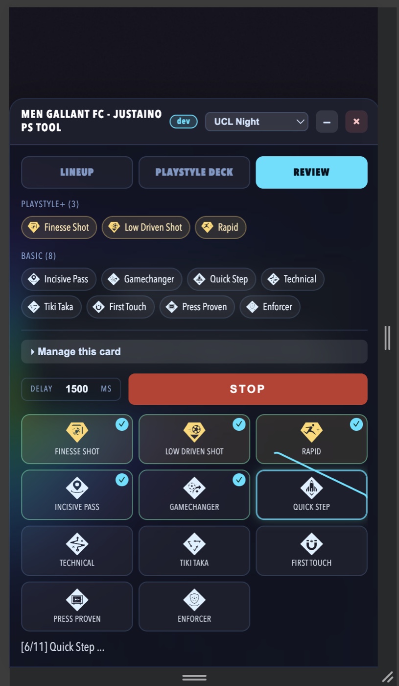 PlayStyles applying one by one on the Review step, each tile ticking green, with a delay box, a Stop button and a live 6 of 11 counter
