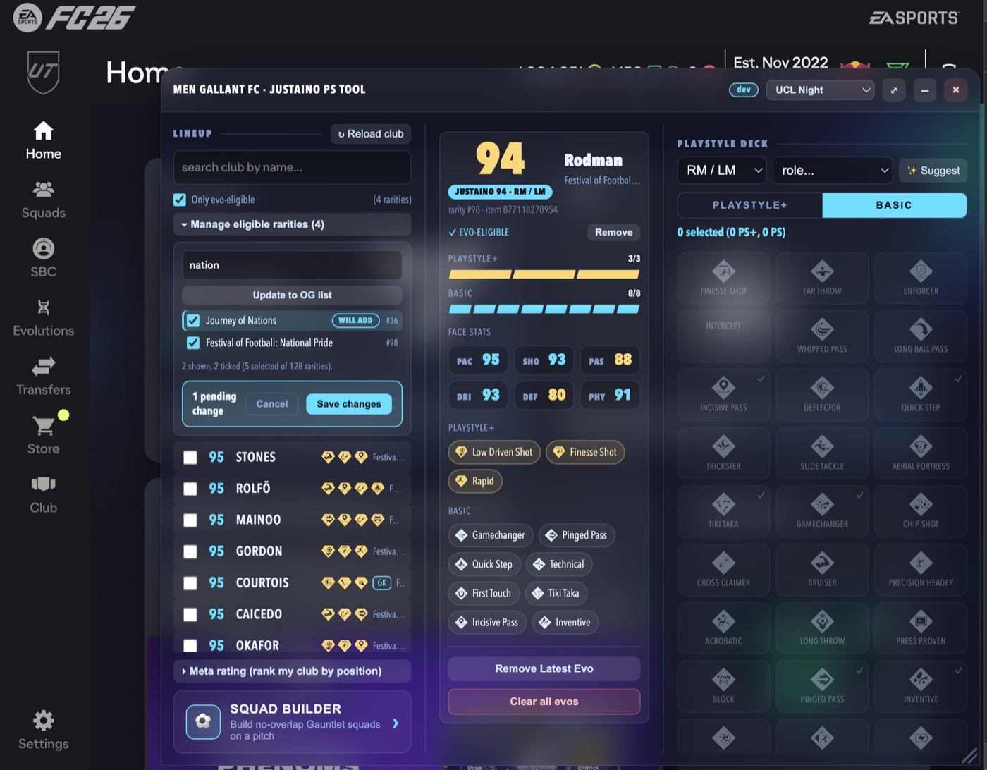 The Manage eligible rarities panel expanded, with a search box, an Update to OG list button, a pending change and Save changes, next to a card's Remove Latest Evo and Clear all evos buttons