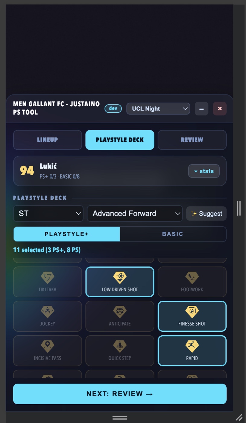 The tool on a phone as a step-by-step wizard: Lineup, PlayStyle Deck and Review tabs across the top, with the deck open and a Suggest button