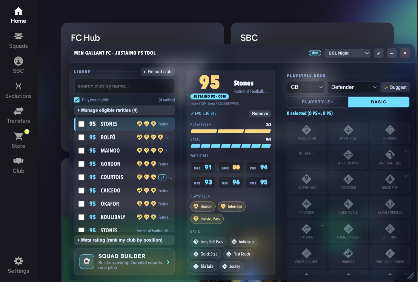 The tool's desktop panel: club list on the left, a player preview card in the middle, and the PlayStyle deck on the right