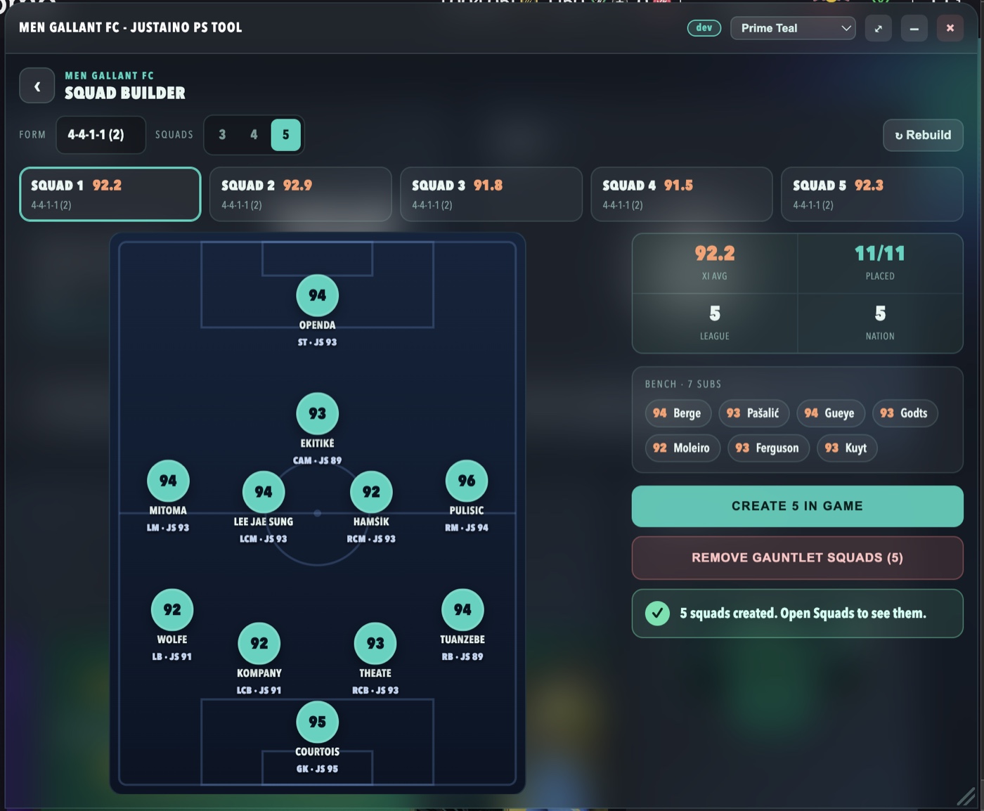 The Squad Builder: a full 11-a-side lineup laid out on a pitch, five squad tabs across the top, an XI average and placed count, a bench, and a Create 5 in game button